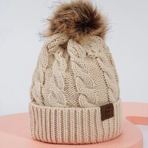 NWT Beige Tan Cable Knit Pom Beanie Hat